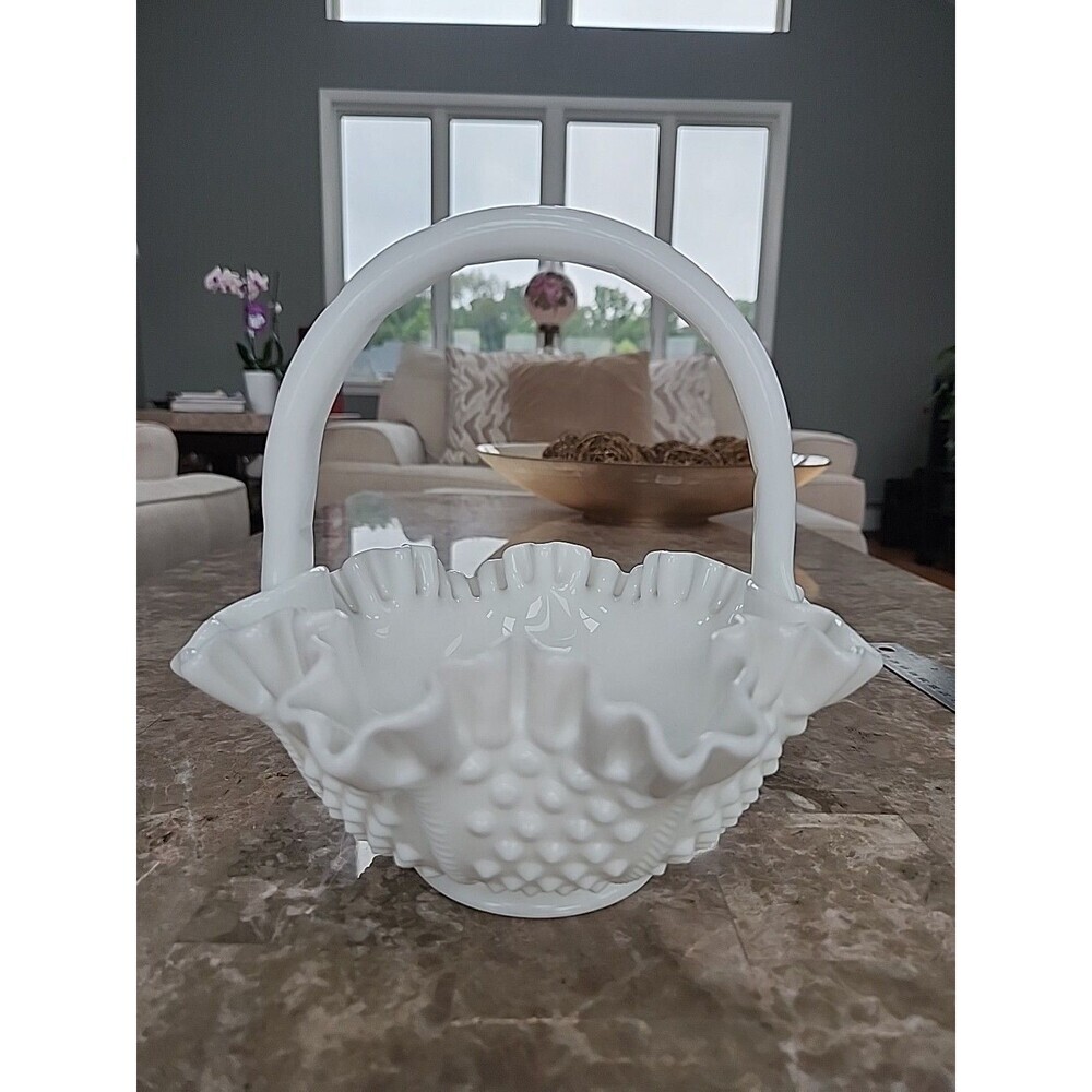Vintage Fenton Hobnail, White Milk Rope Glass, 7 3/4" Tall, 8" Wide
